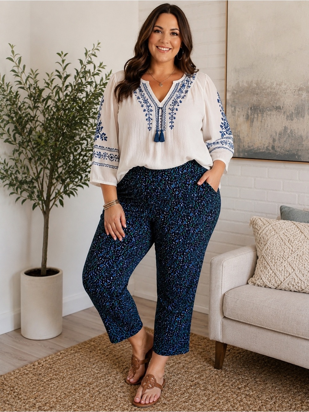 Isaac Mizrahi Live Dark Navy Abstract Print Pull-On Crop Pants 3X NIP - A1